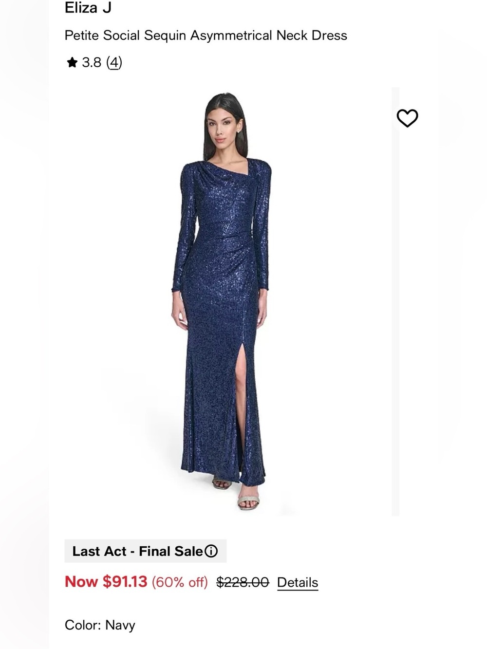 Eliza J Navy Sequin Long-Sleeve Gown with Side Slit